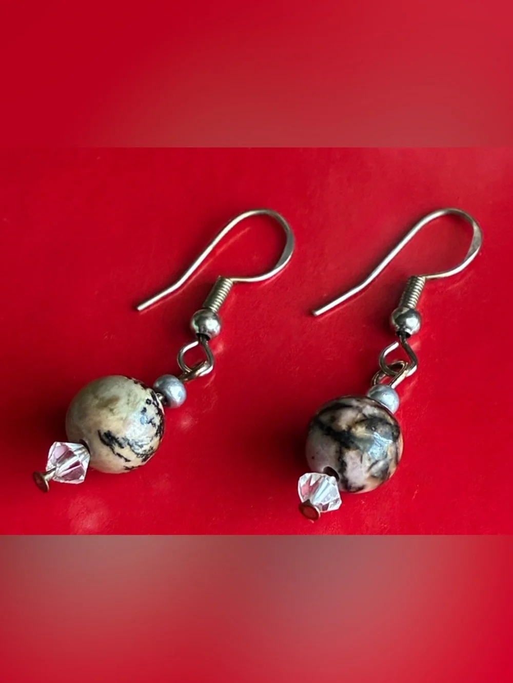 925 Silver Earrings,Black and Cream Marble Bead Drop Earrings with Silver. - Picture 5 of 7